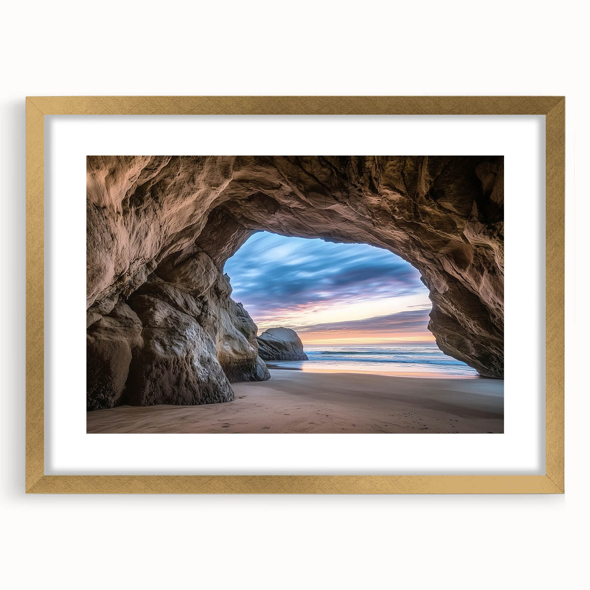 Elegant gold-framed landscape artwork depicting a serene cave scene, showcasing intricate details and vibrant colors, perfect for enhancing home decor.