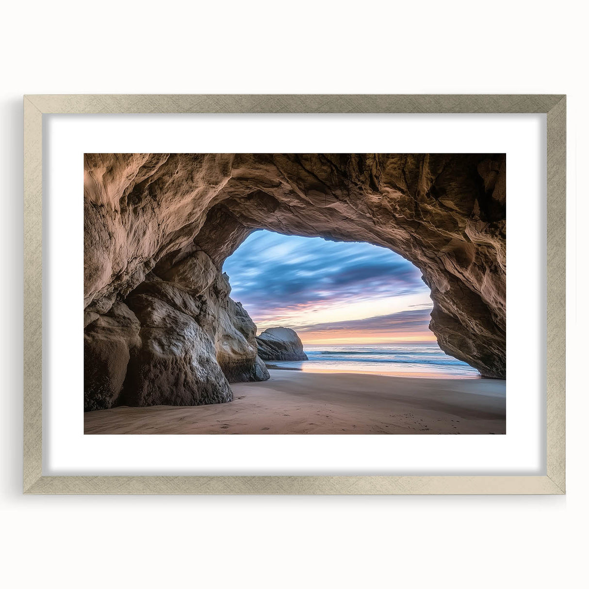 Silver-framed landscape artwork featuring intricate cave designs, elegantly matted for a polished look, perfect for enhancing modern home decor aesthetics.