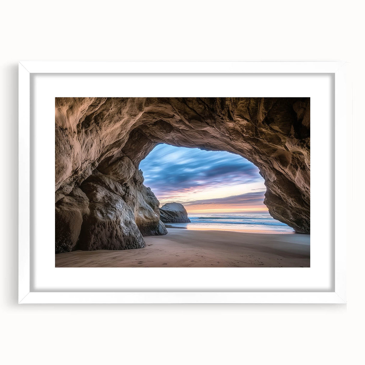 Framed landscape artwork depicting a serene cave scene, featuring a white mat and elegant frame, ideal for home decor and art enthusiasts.