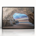Framed acrylic artwork depicting a stunning landscape cave scene, featuring rich colors and intricate details, designed to enhance any modern space.