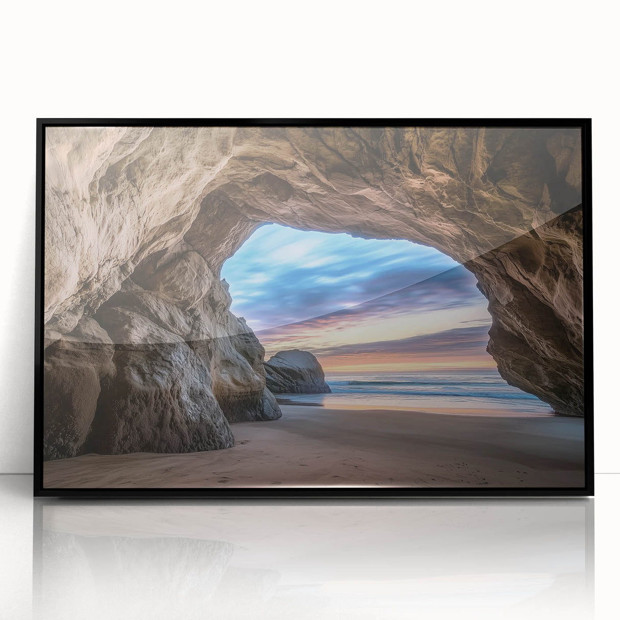 Framed acrylic artwork depicting a stunning landscape cave scene, featuring rich colors and intricate details, designed to enhance any modern space.