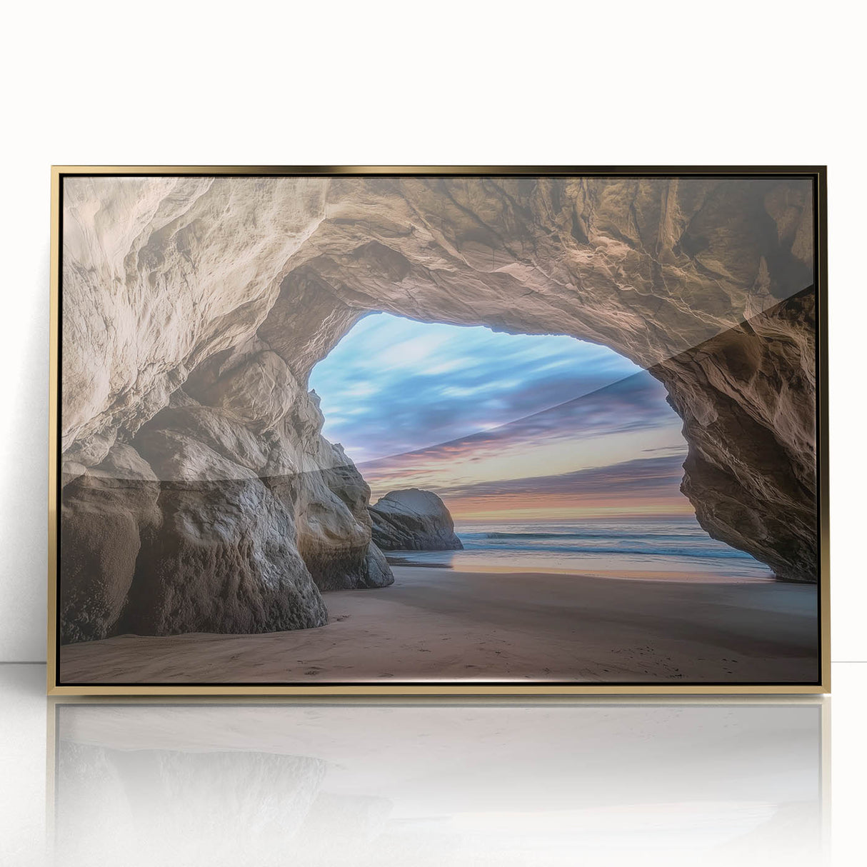 Framed acrylic artwork titled "Landscapes Caves" showcasing intricate cave formations and natural landscapes in rich gold tones, perfect for modern home decor.