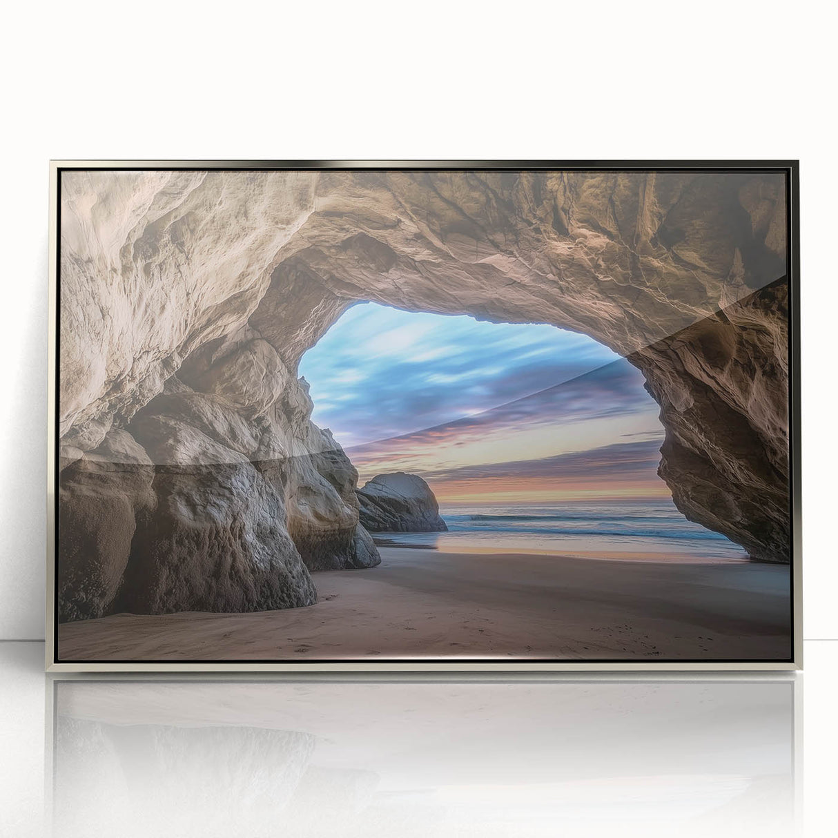 Framed acrylic artwork titled "Landscapes Caves" featuring a dynamic blend of earthy tones and abstract shapes, ideal for modern home decor and art enthusiasts.