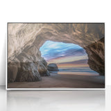 Framed acrylic artwork titled "Landscapes and Caves," showcasing vibrant colors and intricate details, mounted in a sleek white frame, perfect for modern home decor.