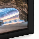 Close-up of a framed canvas artwork depicting intricate cave landscapes, showcasing rich earth tones and detailed textures, perfect for enhancing home decor.