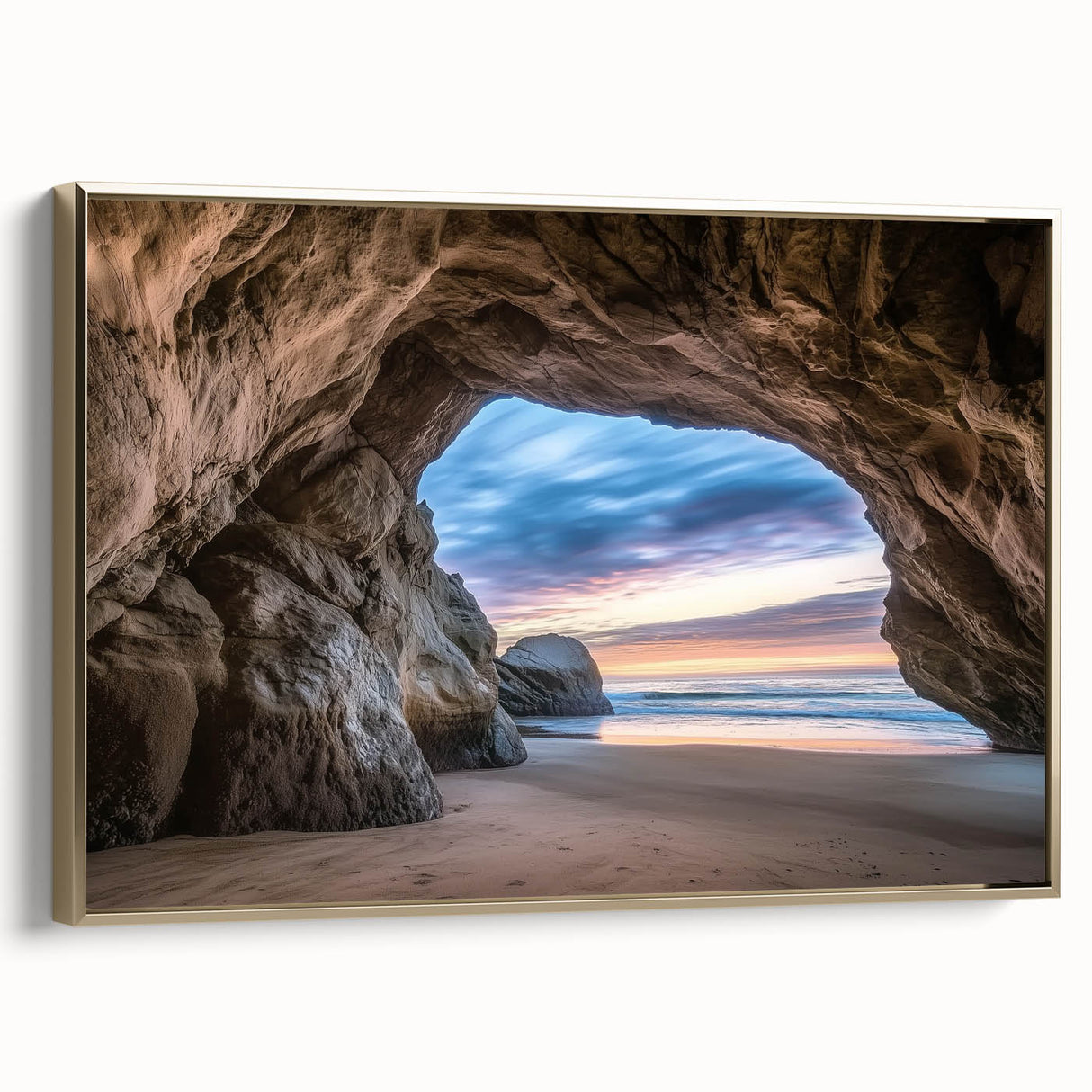 Framed canvas artwork depicting a stunning landscape with caves, featuring a gold side view, perfect for home decor or office settings, enhancing any space with its vibrant colors and artistic detail.