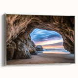 Framed canvas artwork showcasing a stunning landscape with caves, featuring a silver side profile, perfect for home decor and enhancing interior aesthetics.