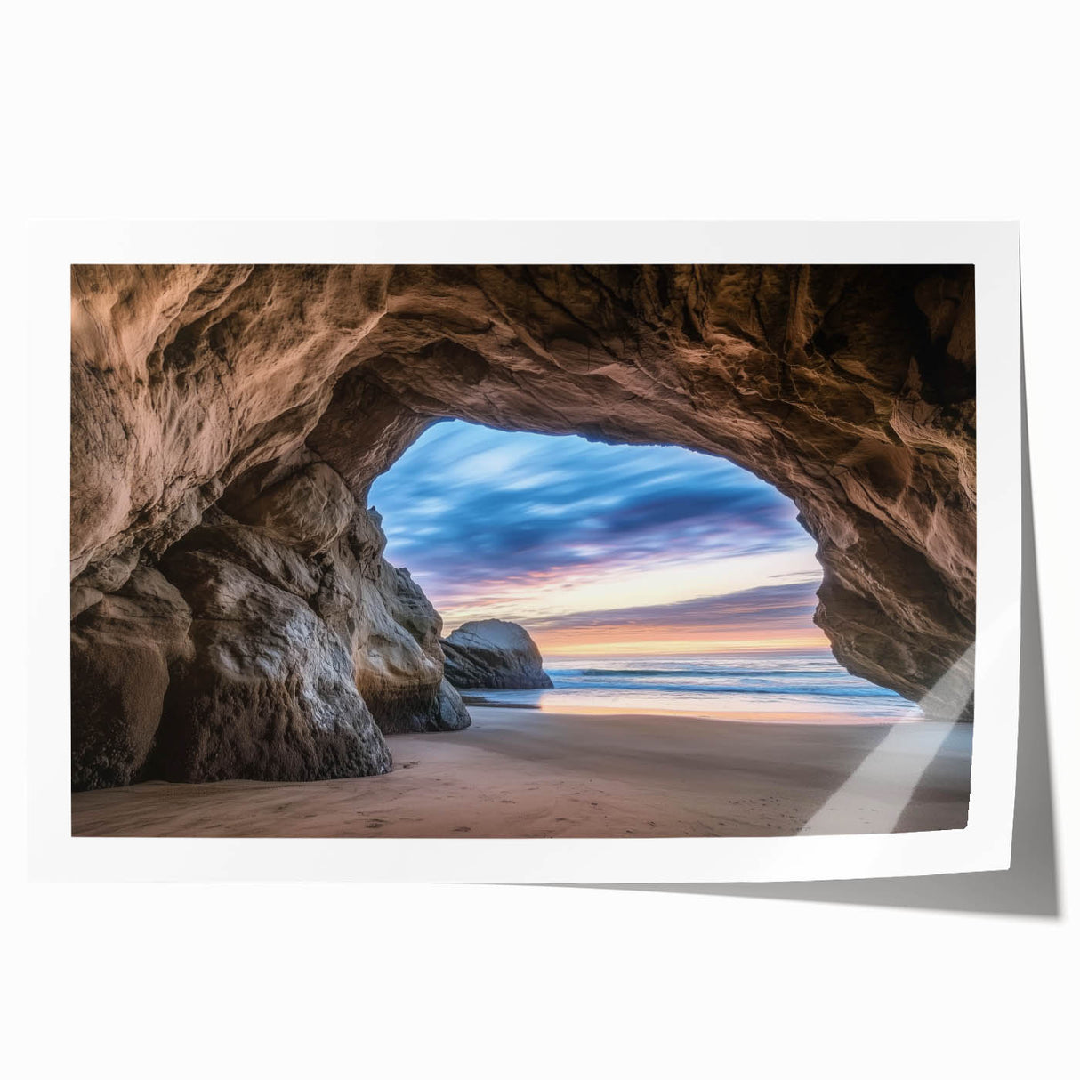 Vibrant rolled print showcasing a stunning landscape with intricate cave formations, perfect for home decor or art enthusiasts, securely packaged in a protective tube.