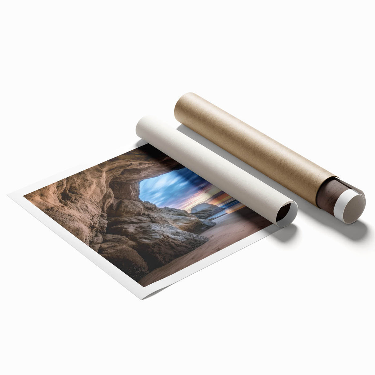 Rolled print showcasing a vibrant landscape with intricate cave formations, ideal for home decor. Packaged securely in a protective cardboard tube for safe delivery.