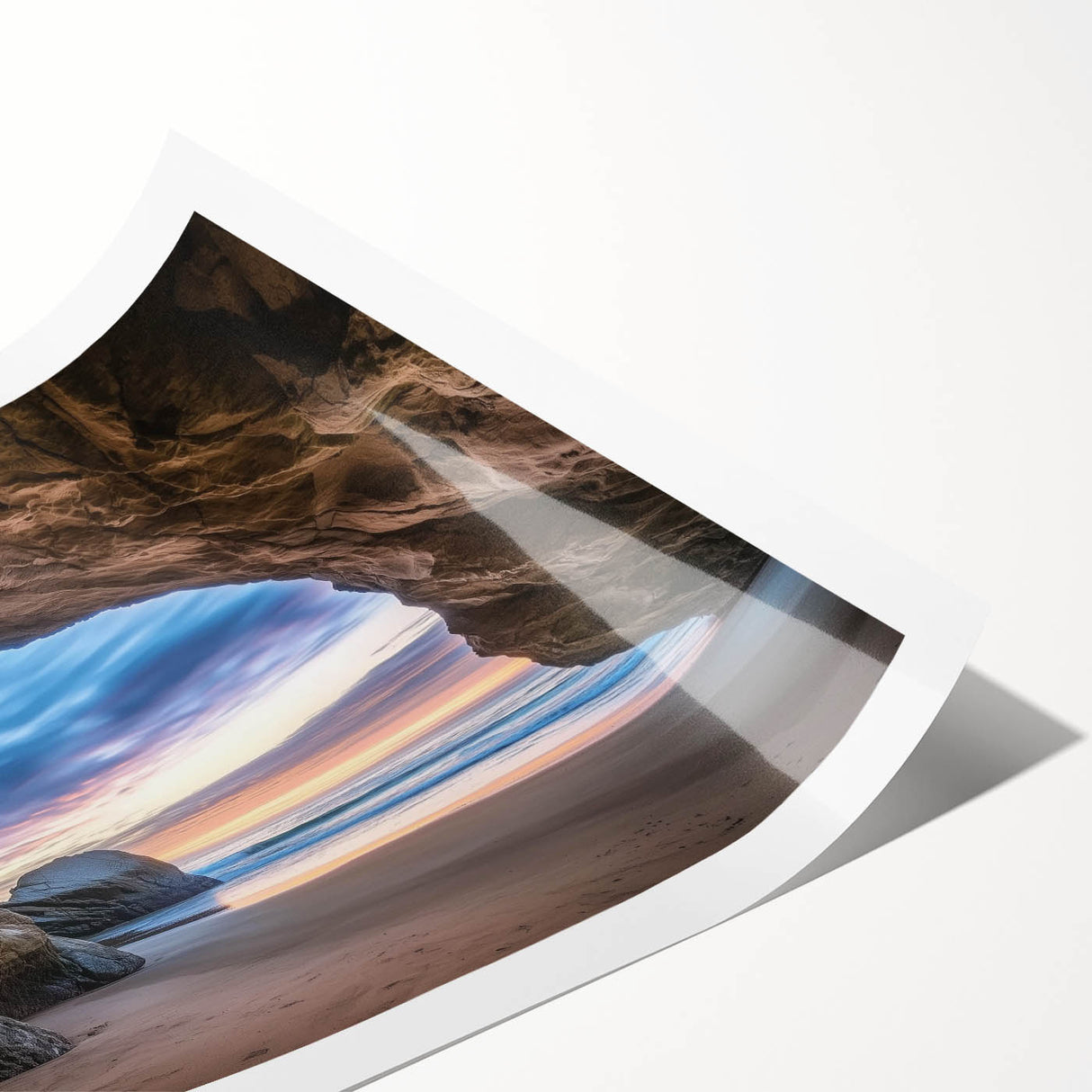 Stunning rolled print showcasing a vibrant cave landscape with rich earthy tones, ideal for home decor, securely packaged in a protective cardboard tube.