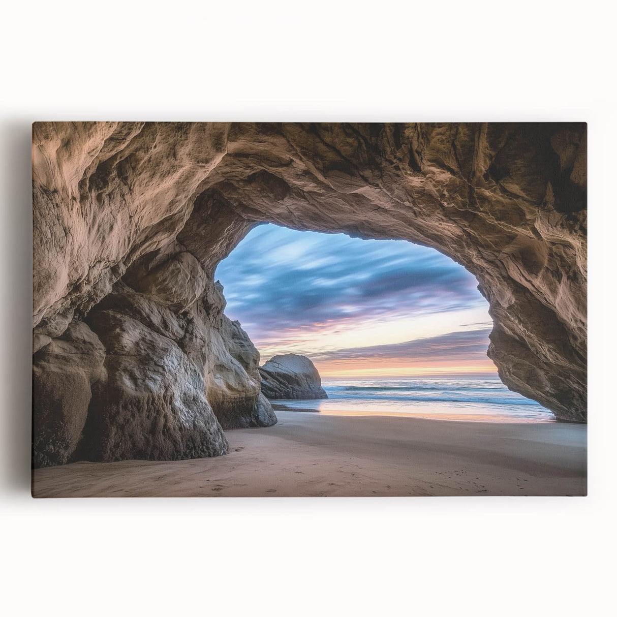 Vibrant stretched canvas artwork depicting an abstract landscape with colorful cave formations, perfect for enhancing modern decor and artistic spaces.