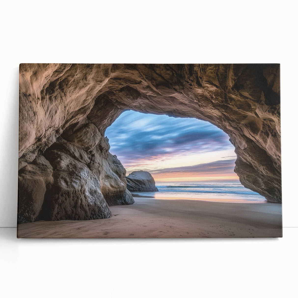 Stretched canvas artwork showcasing a vibrant landscape scene of scenic caves, featuring rich earthy tones and intricate details, perfect for modern home decor.