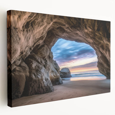 Stretched canvas artwork depicting a detailed landscape with caves, showcasing earthy tones and textures, perfect for enhancing modern home decor.
