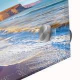 Close-up of a vibrant acrylic glass artwork depicting stunning cliffs and landscapes, showcasing rich colors and intricate details, perfect for home decor.