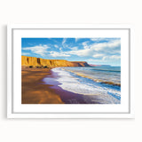 Framed landscape artwork showcasing dramatic cliffs and a serene sky, presented in a sleek white mat. Ideal for enhancing modern home decor aesthetics.