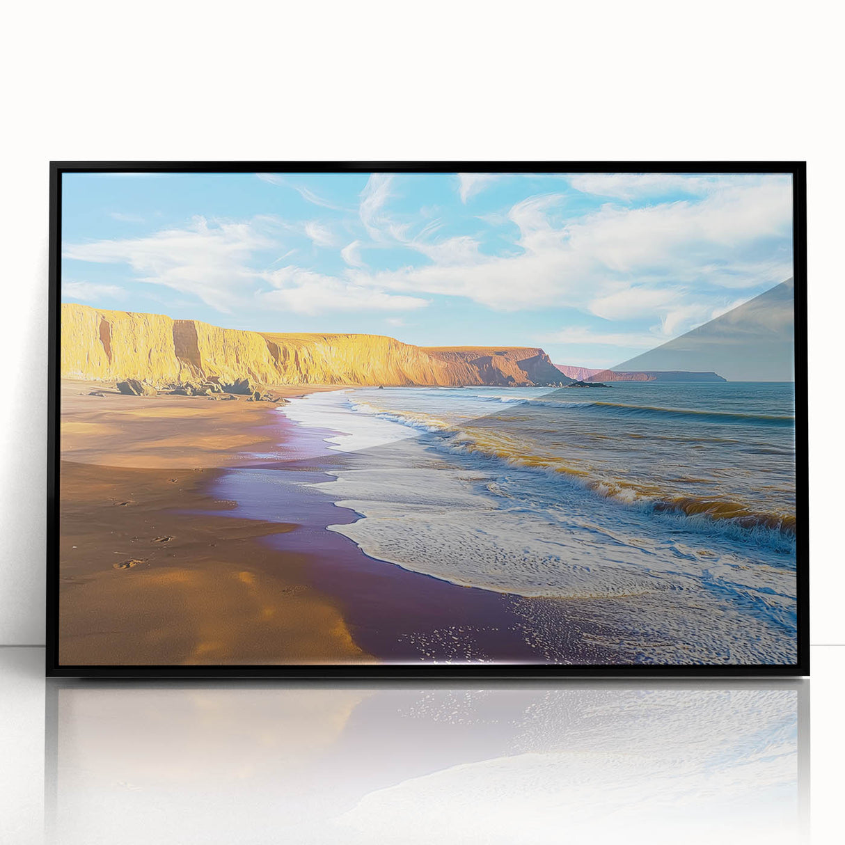 Framed acrylic landscape artwork showcasing dramatic cliffs in vibrant colors, presented in a sleek black frame, ideal for enhancing modern home decor aesthetics.