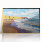 Framed acrylic artwork showcasing a stunning landscape of cliffs with golden accents, perfect for modern home decor. Ideal for adding elegance to any room.