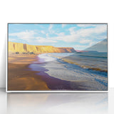 Framed acrylic artwork showcasing a breathtaking landscape of dramatic cliffs against a vibrant sunset, ideal for enhancing modern home decor with natural beauty.