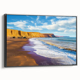 Framed canvas artwork showcasing a dramatic landscape of cliffs in rich earthy tones, displayed from the side, perfect for enhancing modern home decor.