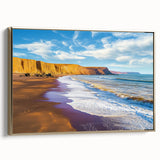 Framed canvas artwork showcasing a picturesque landscape of dramatic cliffs with gold accents, enhancing any wall decor in a modern setting. Ideal for nature lovers.
