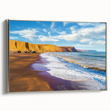 Framed canvas artwork showcasing dramatic cliffs in a serene landscape, featuring silver framing and a side view that highlights its elegant design and textures. This captivating piece adds depth and sophistication to any room décor.