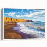 Framed canvas artwork depicting dramatic cliffs and expansive landscapes in earthy tones, showcased with a white frame from a side view, ideal for home decor.