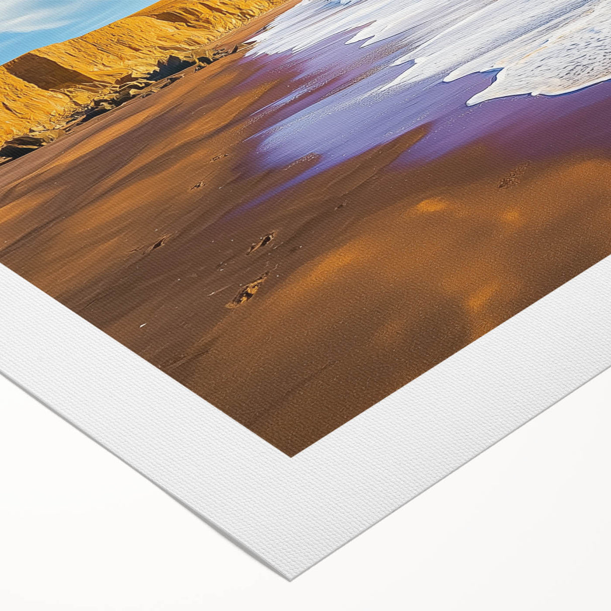Vibrant landscape canvas artwork showcasing rugged cliffs and serene skies, rolled and securely packaged in a durable cardboard tube for easy transport and display.