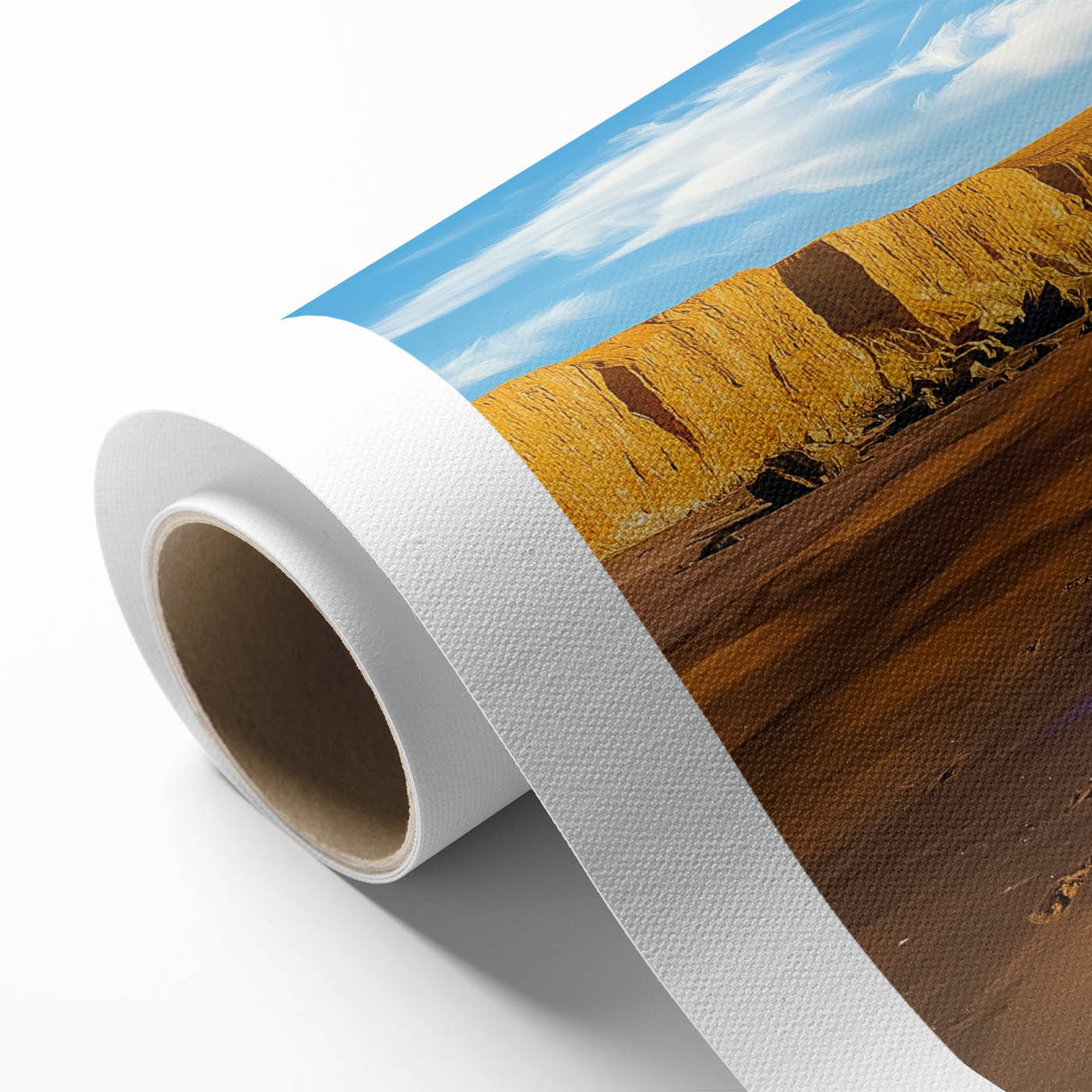 Stunning rolled canvas artwork depicting a dramatic landscape of cliffs under a vibrant sunset, showcasing rich colors and intricate details, ideal for home decor.