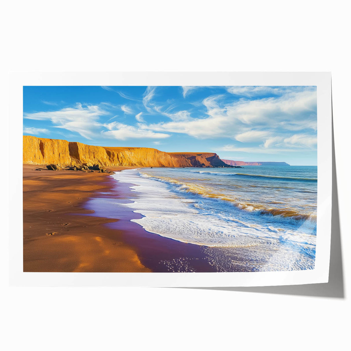 Vibrant landscape print depicting dramatic cliffs and serene ocean waves, rolled for easy storage and shipment, showcasing natural beauty in rich colors.