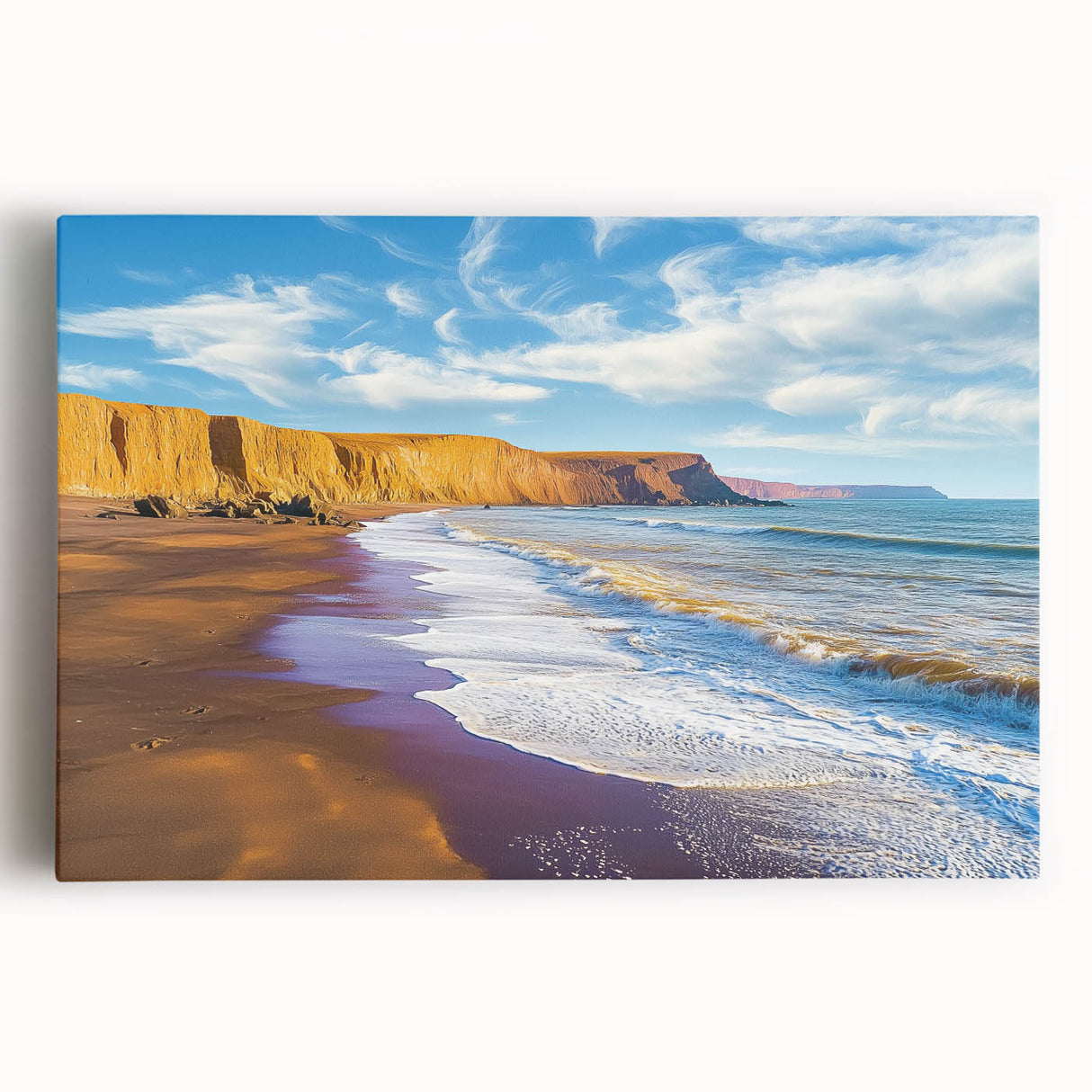 Stretched canvas print showcasing a stunning landscape of majestic cliffs under a vibrant sky, perfect for enhancing home decor with natural beauty.
