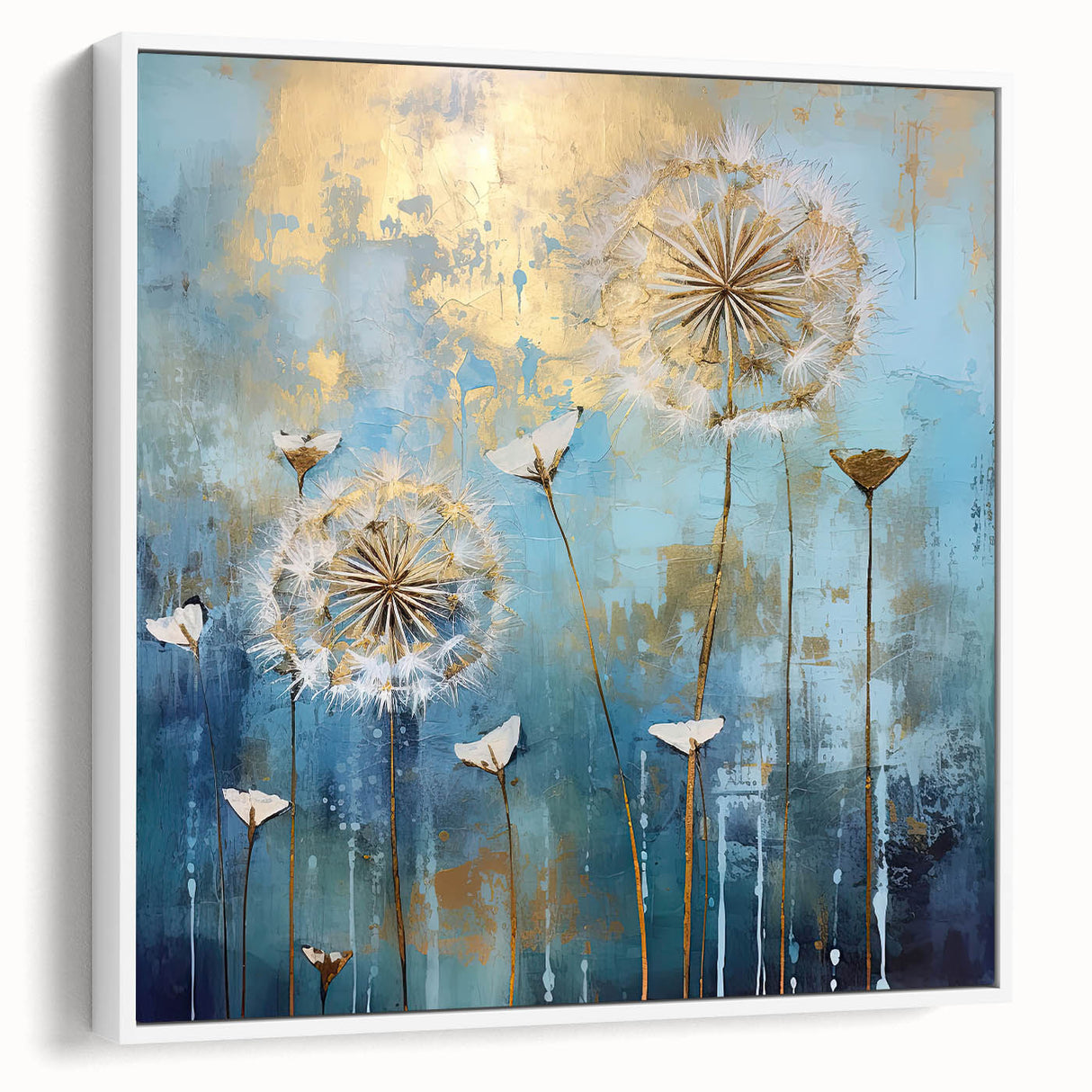 Gold & Blue Dandelion Dining Room Wall Art - Abstract Canvas