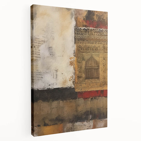 Abstract architecture wall art on stretched canvas, showcasing a vibrant geometric design in shades of blue and gold, ideal for modern home decor.