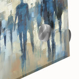 Close-up of a vibrant abstract figurative acrylic artwork on glass, showcasing rich colors and dynamic shapes, ideal for modern home decor.