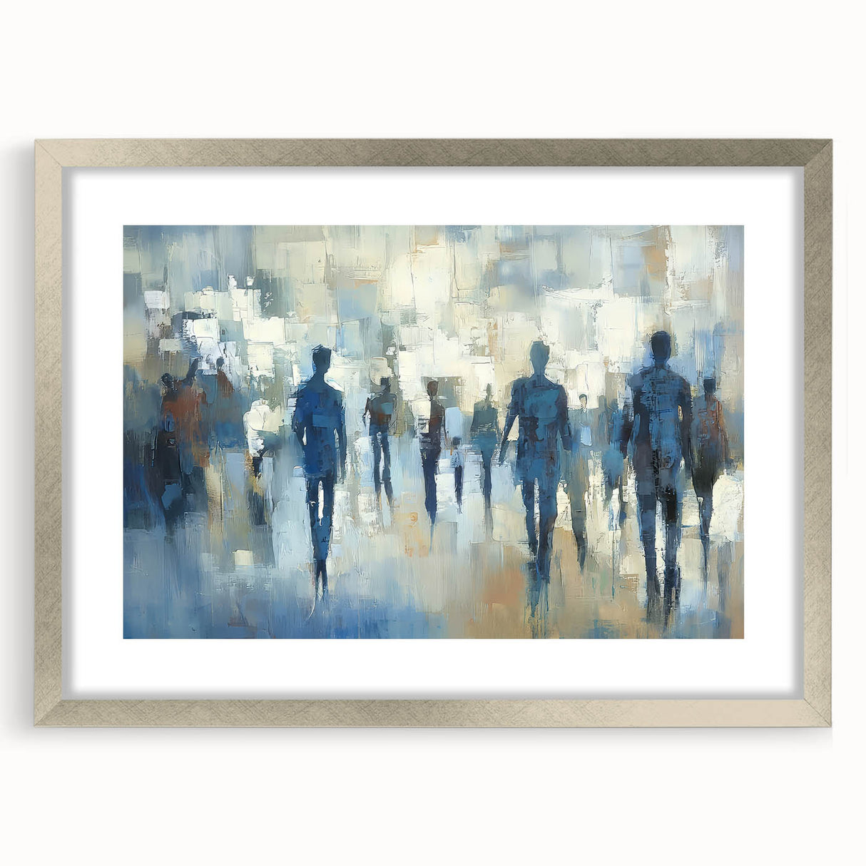 Abstract figurative artwork framed in silver with a mat, showcasing vibrant colors and dynamic shapes, perfect for modern home decor. Ideal for art enthusiasts and interior design.