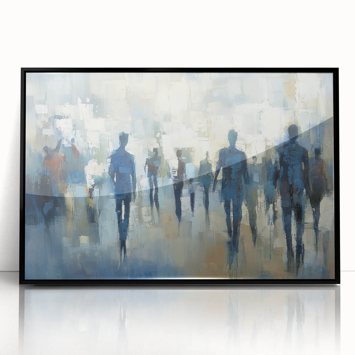 Abstract figurative art piece in a sleek black frame, showcasing dynamic shapes and vibrant colors against a white background, ideal for modern decor.