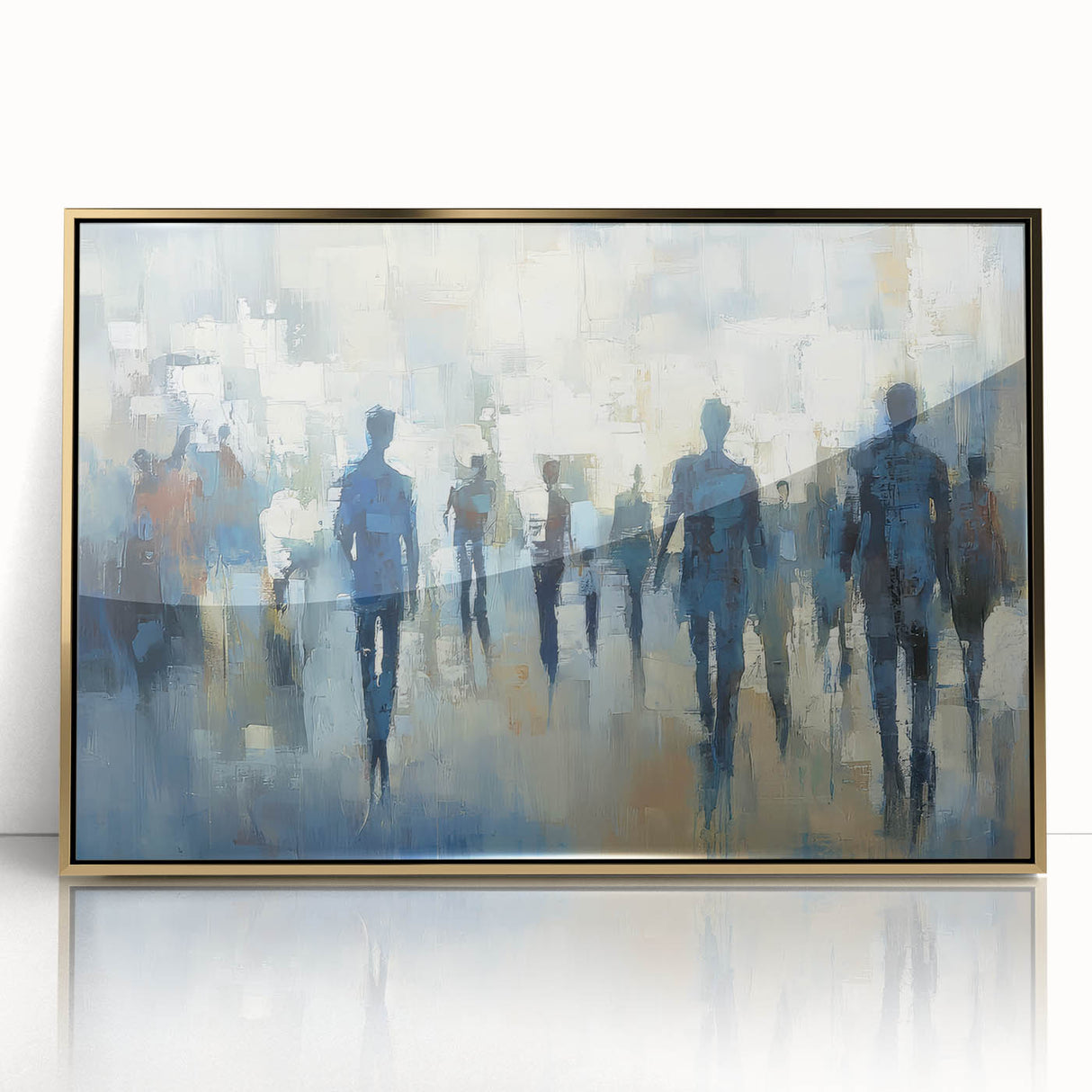 Framed abstract figurative acrylic artwork in gold tones, showcasing a modern design. Perfect for elevating contemporary home decor or office spaces.