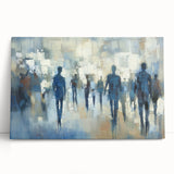 Abstract figurative stretched canvas artwork featuring bold colors and dynamic shapes, leaning against a wall, ideal for modern home decor with an artistic flair.