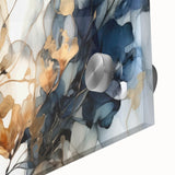 Close-up of vibrant abstract floral wall art printed on acrylic glass, showcasing intricate colors and textures, perfect for modern home decor or artistic displays.