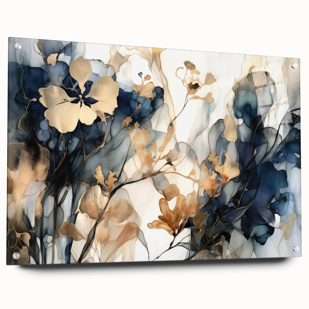 Abstract floral wall art displayed in an acrylic glass frame, showcasing vibrant colors and intricate designs. The side view highlights the secure pin attachments and modern aesthetic, ideal for adding a touch of elegance to contemporary home decor.