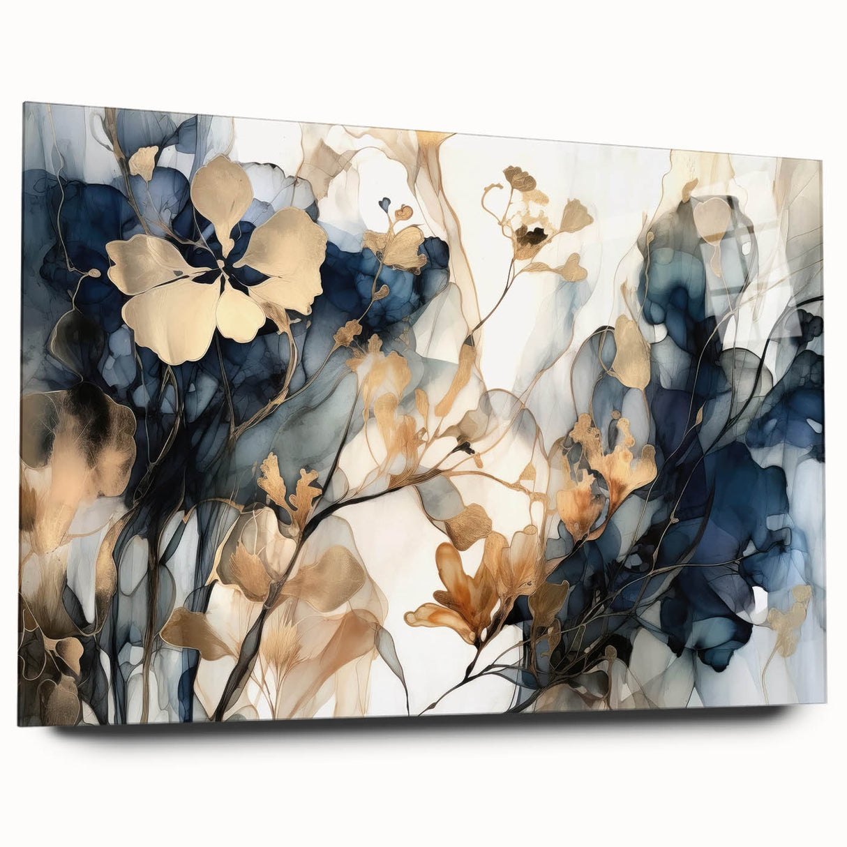 Abstract floral wall art design printed on acrylic glass, showcasing vibrant colors and intricate patterns, displayed in a side view without pins. Ideal for modern decor.