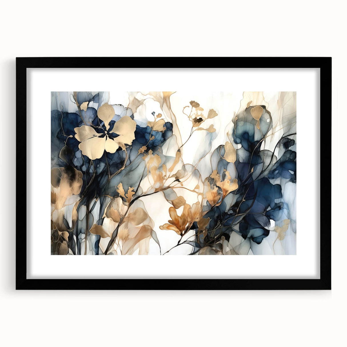 Abstract floral wall art in a black frame with a white mat, showcasing vibrant colors and intricate designs, perfect for enhancing modern home decor. Ideal for living rooms or offices, adding a touch of elegance and creativity to any space.
