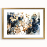 Abstract floral wall art framed in gold with a white mat, showcasing vibrant colors and intricate designs, perfect for enhancing modern home decor.