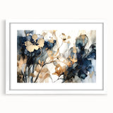 Abstract floral wall art framed in white with a mat, showcasing vibrant colors and intricate designs, ideal for modern home decor and artistic expression.