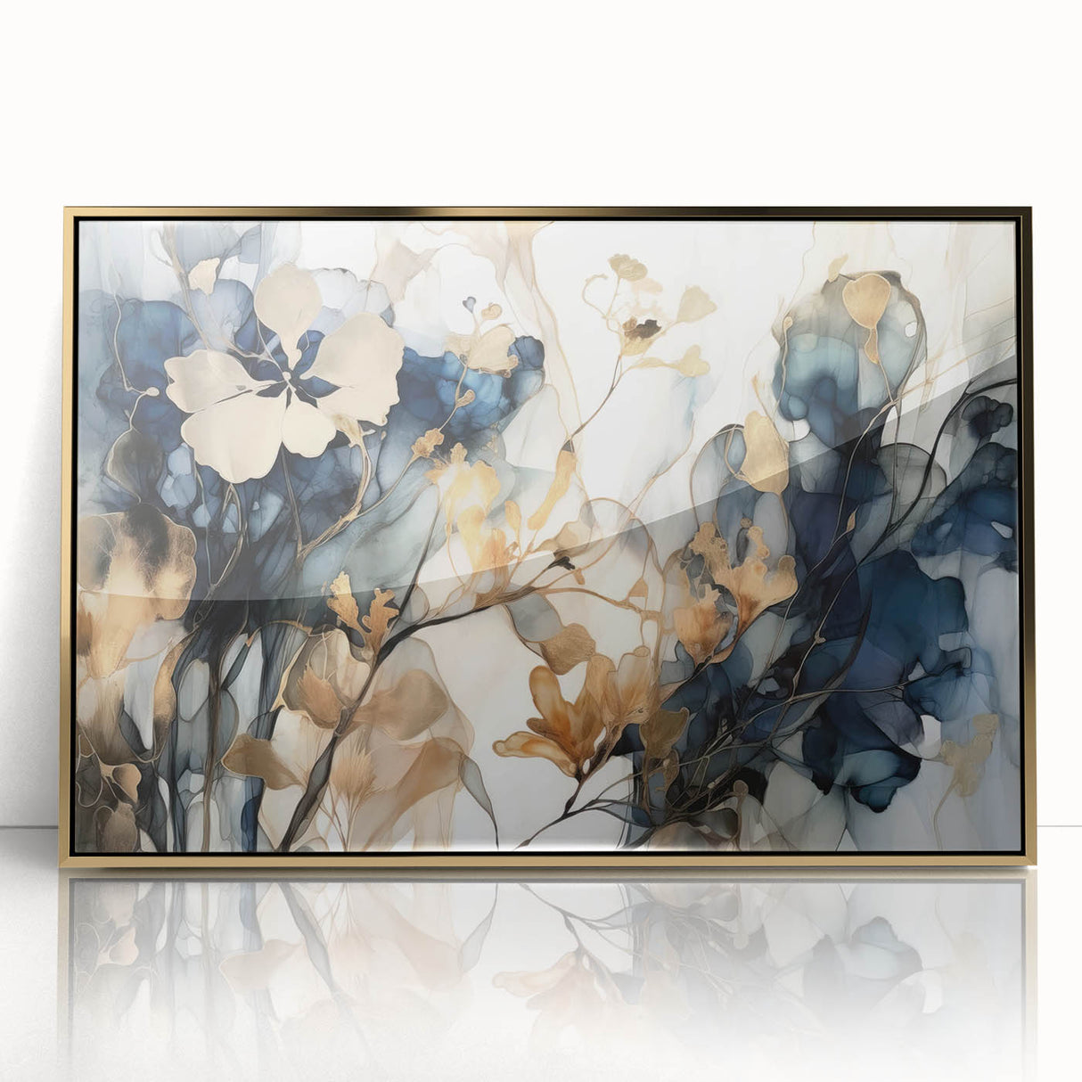 Framed abstract floral wall art featuring vibrant colors and gold accents, perfect for modern home decor, enhancing any living space with elegance.