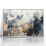 Framed acrylic wall art featuring abstract floral designs in vibrant colors, displayed in a sleek white frame, perfect for modern home decor.