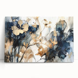 Abstract floral wall art on stretched canvas, featuring vibrant colors and intricate patterns, elegantly leaning against a neutral wall. Perfect for home decor.