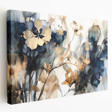 Abstract floral wall art on stretched canvas, showcasing vibrant colors and intricate designs, displayed from a side view, perfect for modern home decor.