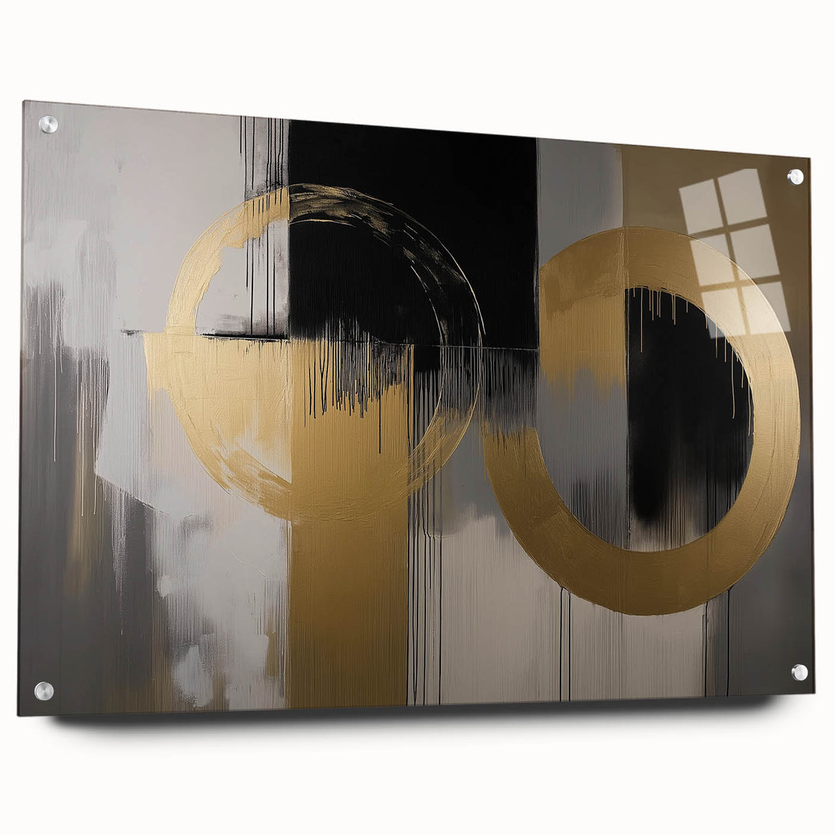 Abstract geometric acrylic glass artwork in vibrant colors, showcasing a side view with decorative pins for mounting, ideal for modern home decor.