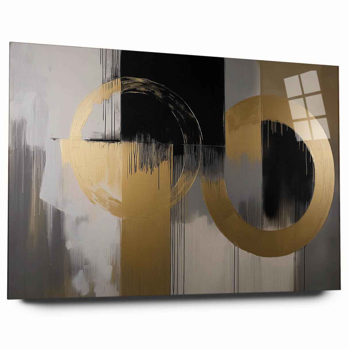Abstract geometric acrylic glass artwork showcasing vibrant colors and sharp lines, viewed from the side without pins, ideal for modern decor.