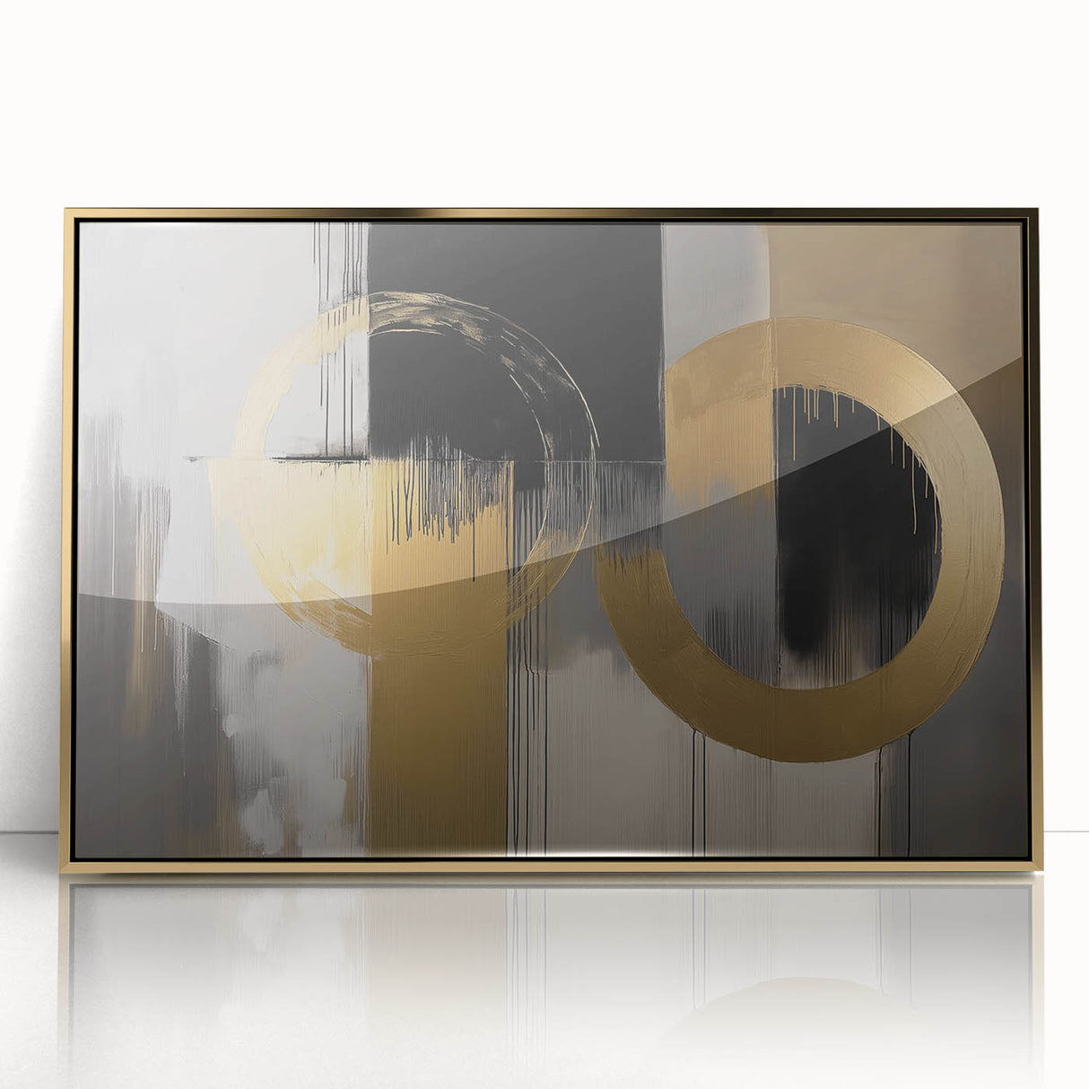 Framed acrylic wall art featuring a modern abstract geometric design in gold tones, ideal for contemporary home decor, showcasing clean lines and vibrant shapes.